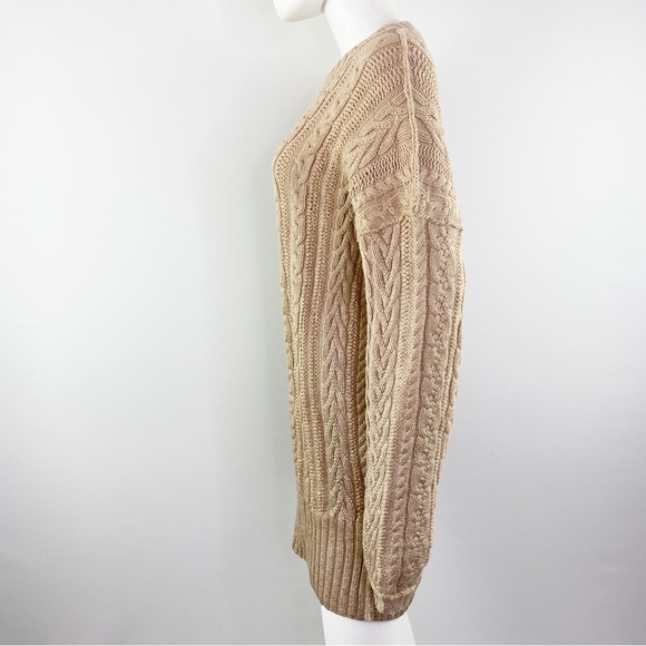 Free People Size M Beige Gold Coated Cable-knit Tunic Length Sweater - Picture 5 of 8